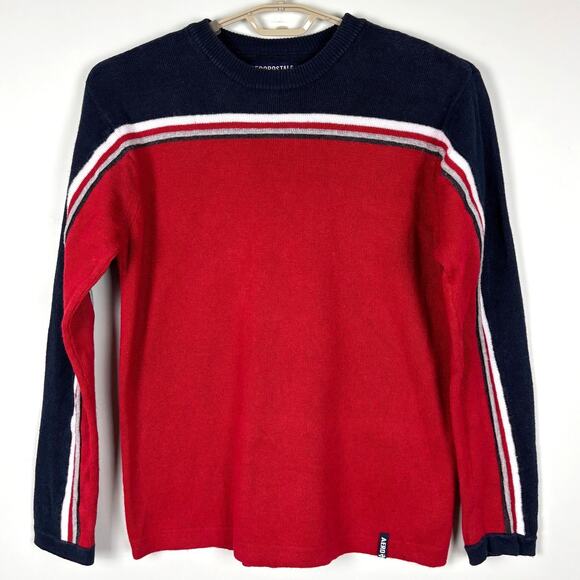 VINTAGE 90s Y2K Aeropostale sweater Medium red blue stripe ramie cotton - Picture 1 of 9